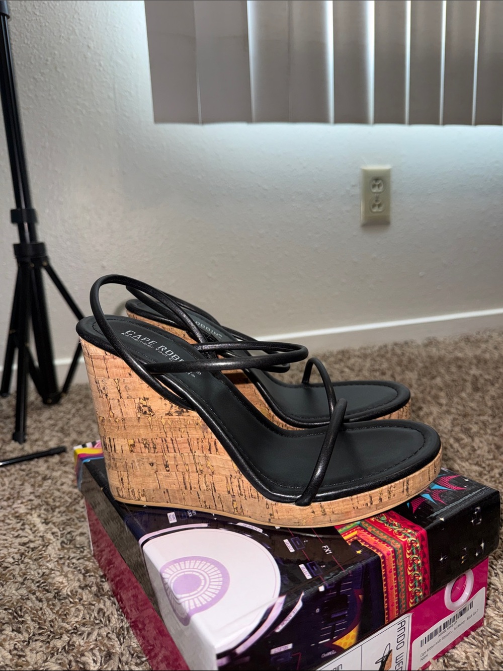 Cape Robbin Wedge Sandals with Black Strappy Upper and Cork Platform
